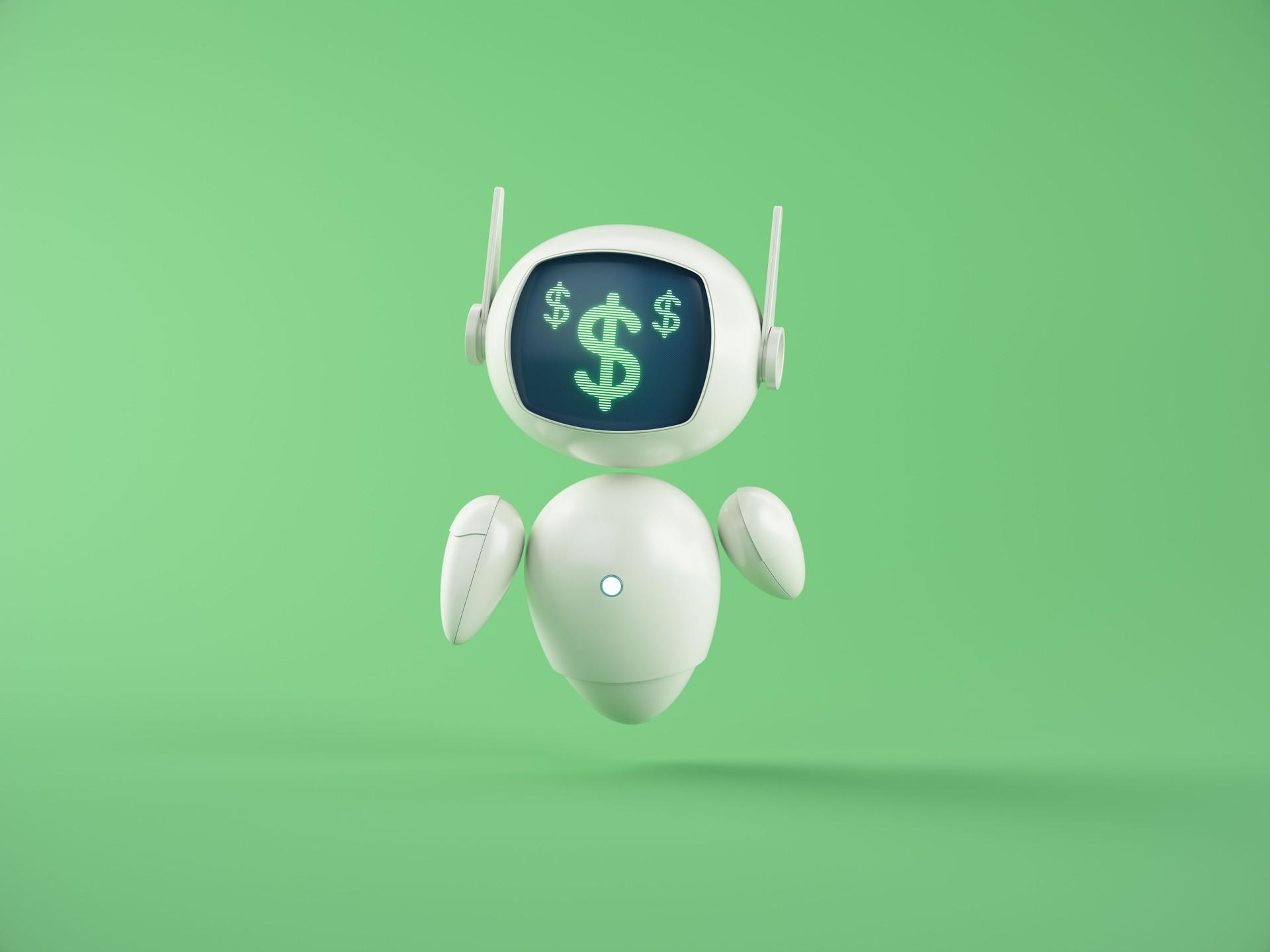 Dollar symbol on screen of Artificial Intelligence chatbot assistant on green background.
